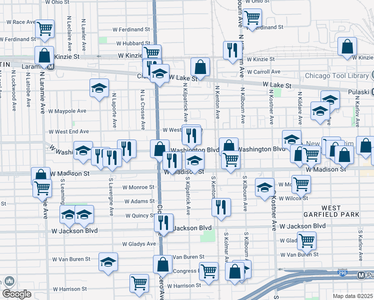 map of restaurants, bars, coffee shops, grocery stores, and more near 100 North Kilpatrick Avenue in Chicago