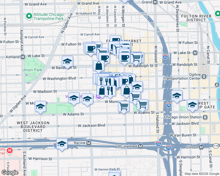 map of restaurants, bars, coffee shops, grocery stores, and more near 3 North Aberdeen Street in Chicago