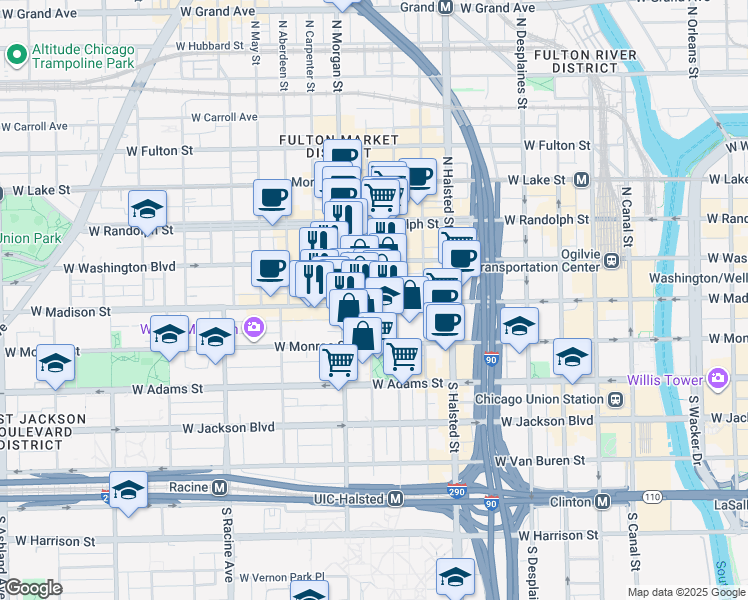 map of restaurants, bars, coffee shops, grocery stores, and more near 940 West Madison Street in Chicago