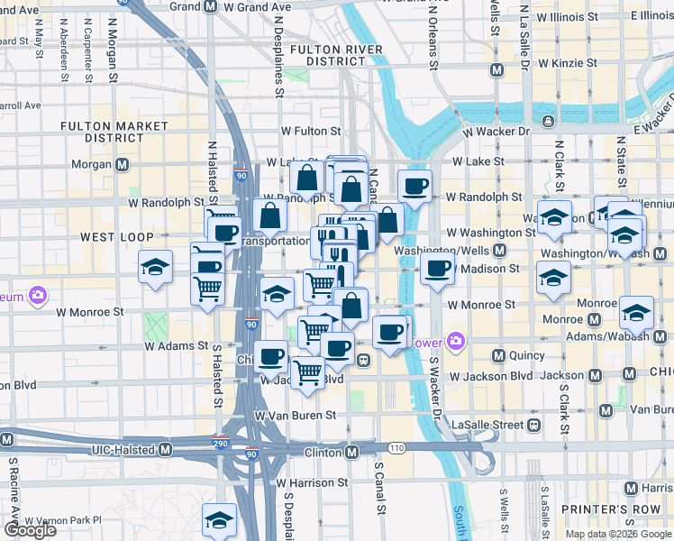 map of restaurants, bars, coffee shops, grocery stores, and more near 550 West Madison Street in Chicago