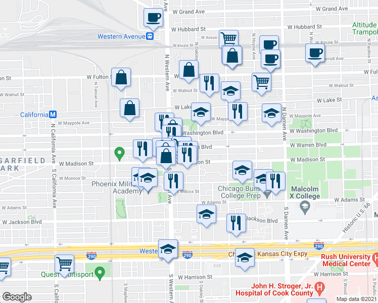 map of restaurants, bars, coffee shops, grocery stores, and more near 2319 West Warren Boulevard in Chicago