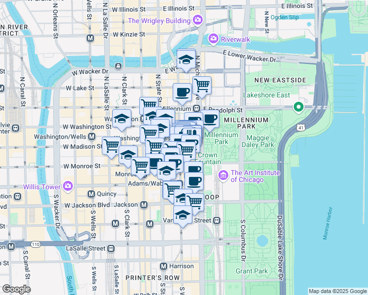 map of restaurants, bars, coffee shops, grocery stores, and more near 5 South Wabash Avenue in Chicago