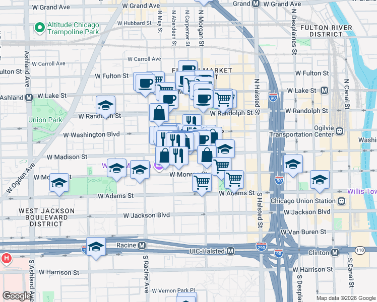 map of restaurants, bars, coffee shops, grocery stores, and more near 1051 West Madison Street in Chicago