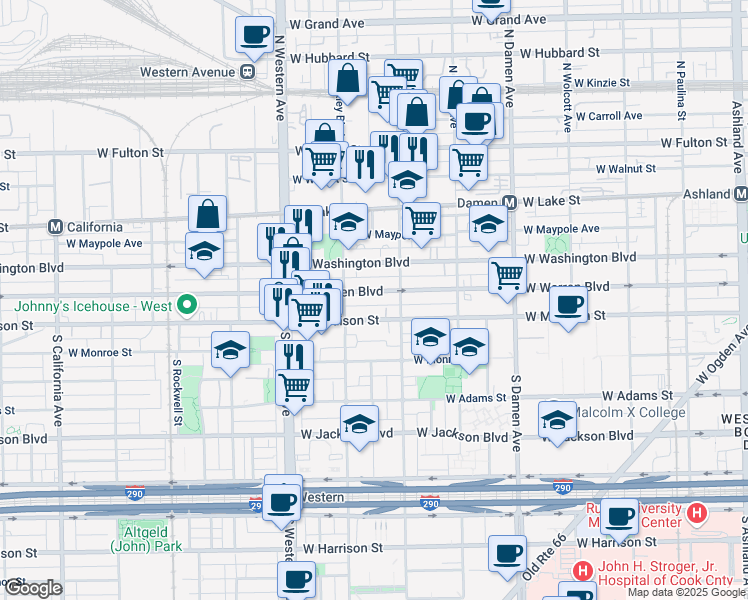 map of restaurants, bars, coffee shops, grocery stores, and more near 2224 West Madison Street in Chicago
