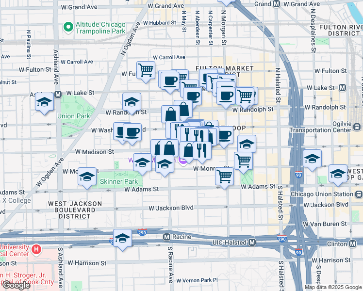 map of restaurants, bars, coffee shops, grocery stores, and more near 1131 West Madison Street in Chicago