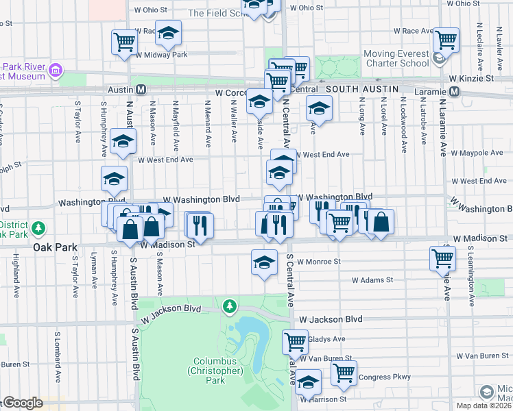 map of restaurants, bars, coffee shops, grocery stores, and more near 44 North Parkside Avenue in Chicago