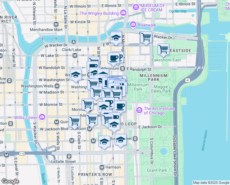 map of restaurants, bars, coffee shops, grocery stores, and more near 60 East Monroe Street in Chicago