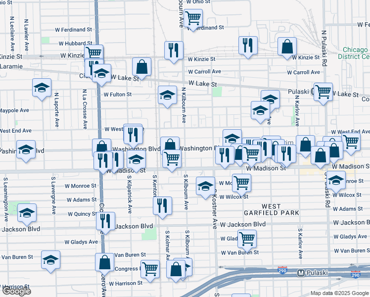 map of restaurants, bars, coffee shops, grocery stores, and more near N Kilbourn Ave & W Washington Blvd in Chicago