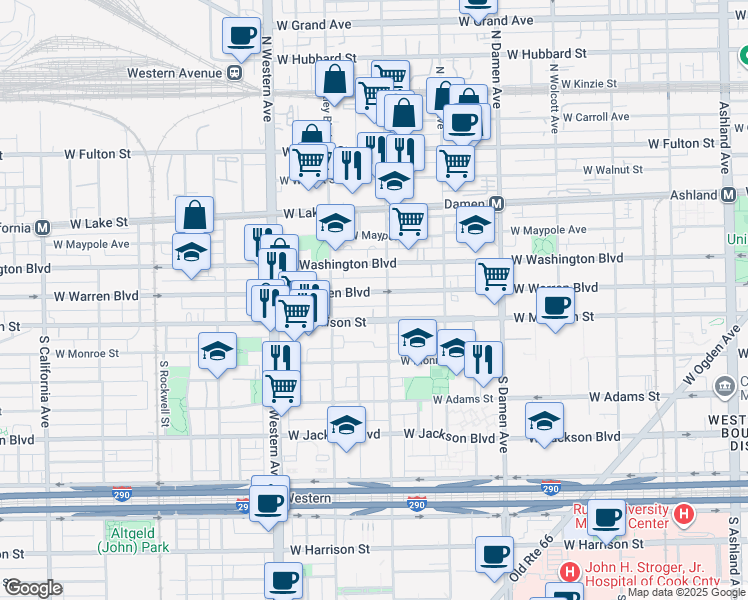 map of restaurants, bars, coffee shops, grocery stores, and more near 2224 West Madison Street in Chicago