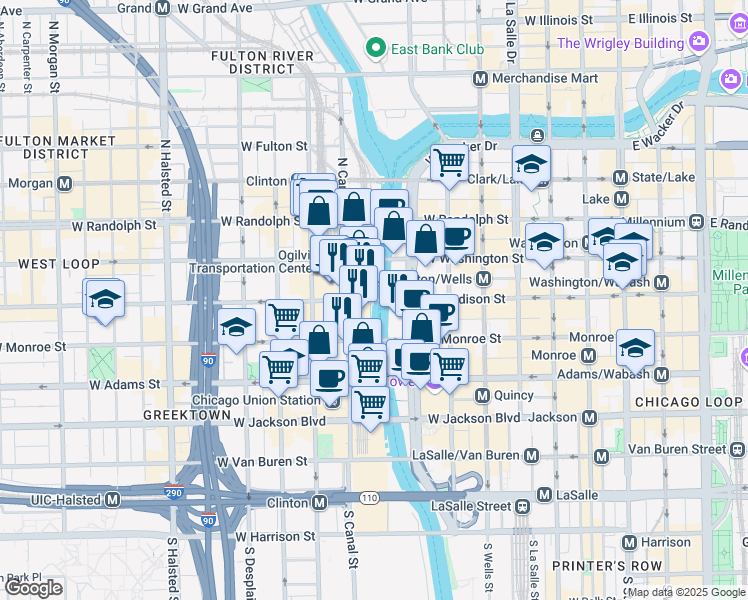 map of restaurants, bars, coffee shops, grocery stores, and more near 400 West Madison Street in Chicago