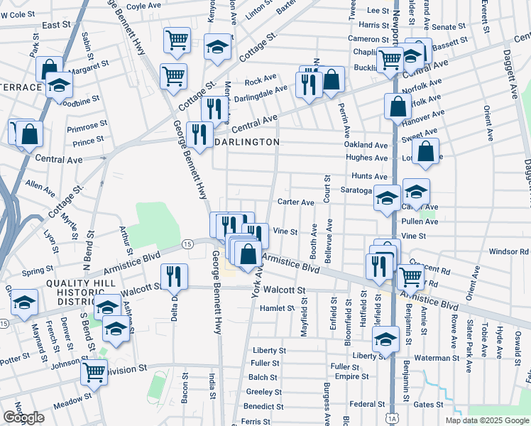 map of restaurants, bars, coffee shops, grocery stores, and more near 61 Nye Street in Pawtucket
