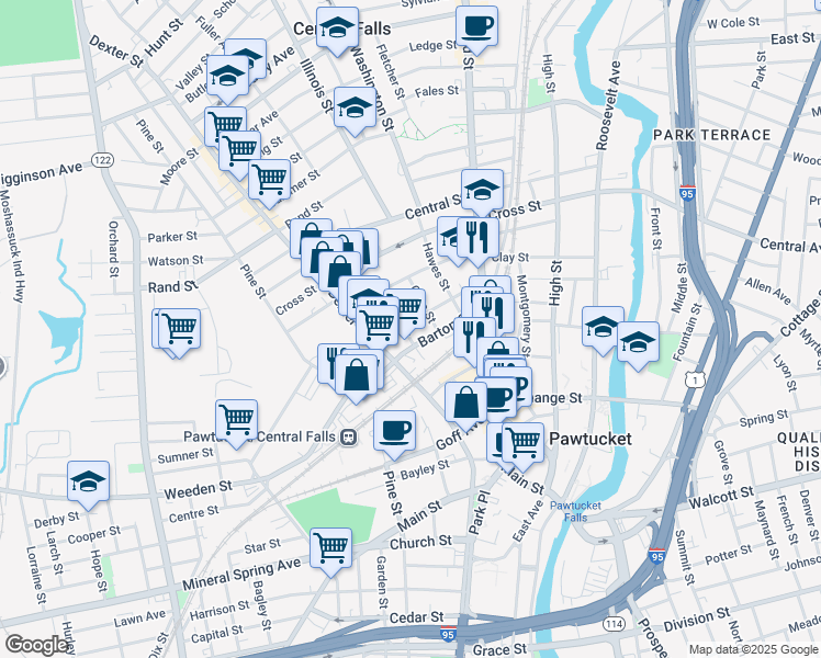 map of restaurants, bars, coffee shops, grocery stores, and more near 223 Barton Street in Pawtucket