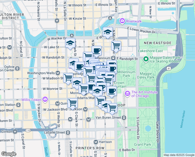 map of restaurants, bars, coffee shops, grocery stores, and more near 2 North Wabash Avenue in Chicago