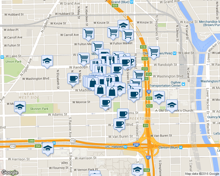 map of restaurants, bars, coffee shops, grocery stores, and more near 940 West Madison Street in Chicago