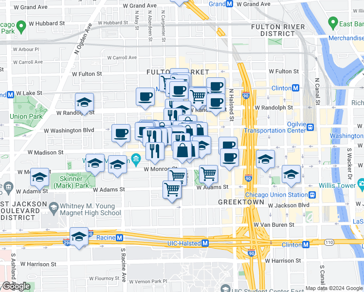 map of restaurants, bars, coffee shops, grocery stores, and more near 1015 West Madison Street in Chicago