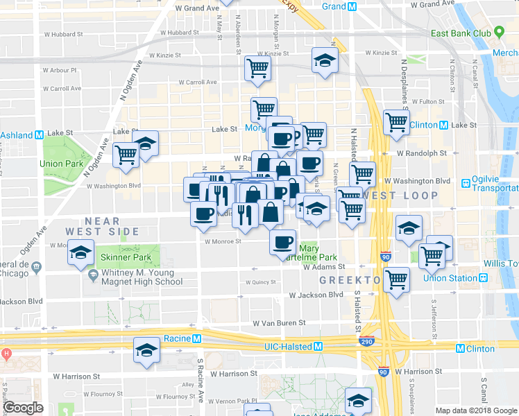 map of restaurants, bars, coffee shops, grocery stores, and more near 1051 West Madison Street in Chicago