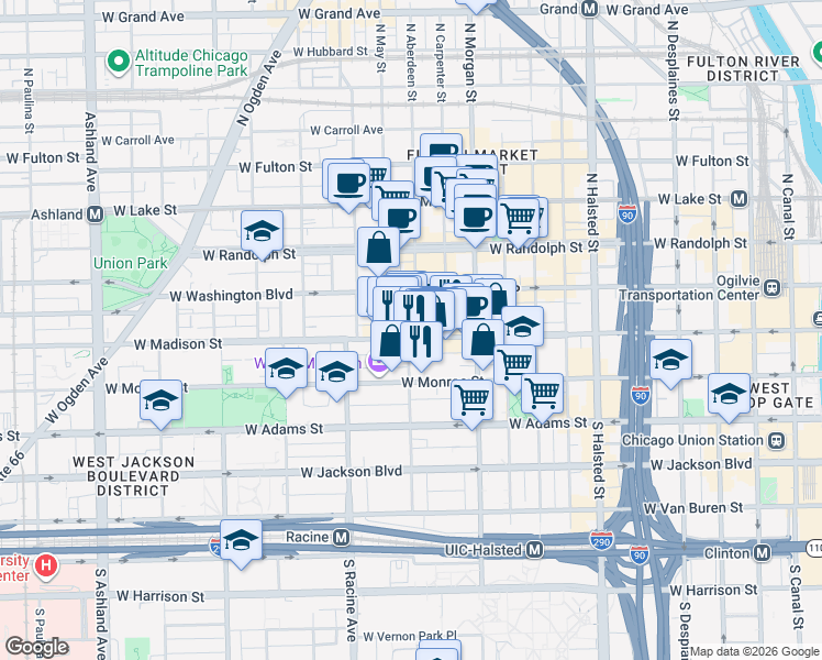 map of restaurants, bars, coffee shops, grocery stores, and more near 1051 West Madison Street in Chicago
