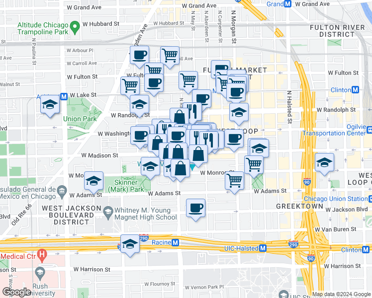 map of restaurants, bars, coffee shops, grocery stores, and more near in Chicago