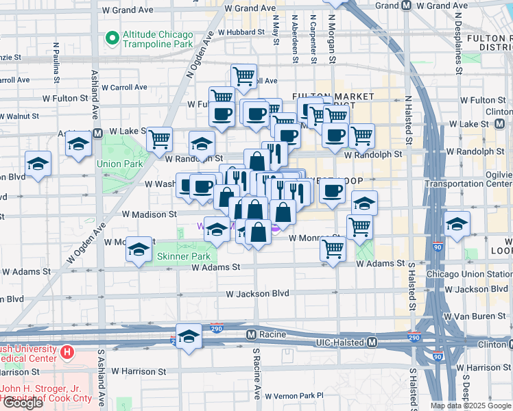 map of restaurants, bars, coffee shops, grocery stores, and more near in Chicago