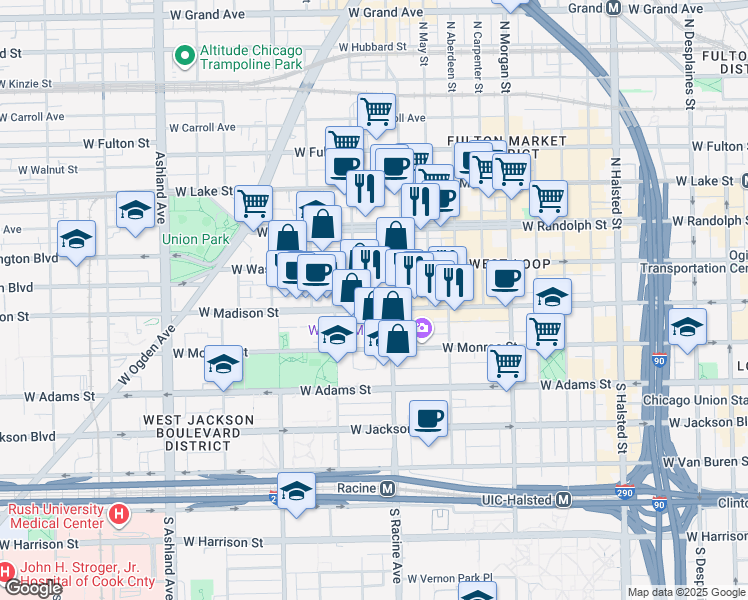 map of restaurants, bars, coffee shops, grocery stores, and more near 1237 West Madison Street in Chicago