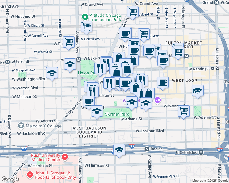 map of restaurants, bars, coffee shops, grocery stores, and more near 1342 West Madison Street in Chicago