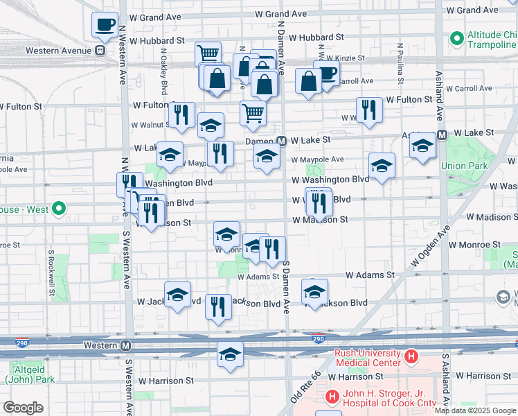 map of restaurants, bars, coffee shops, grocery stores, and more near 2036 West Madison Street in Chicago