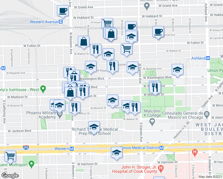 map of restaurants, bars, coffee shops, grocery stores, and more near 2150 West Madison Street in Chicago