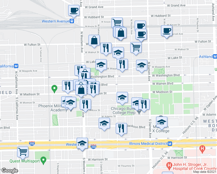 map of restaurants, bars, coffee shops, grocery stores, and more near 2224 West Madison Street in Chicago