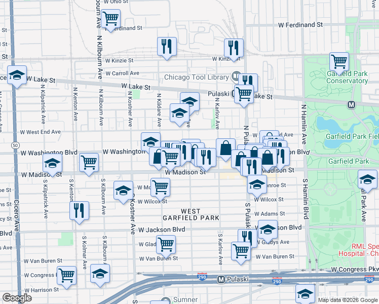 map of restaurants, bars, coffee shops, grocery stores, and more near 4159 West Washington Boulevard in Chicago