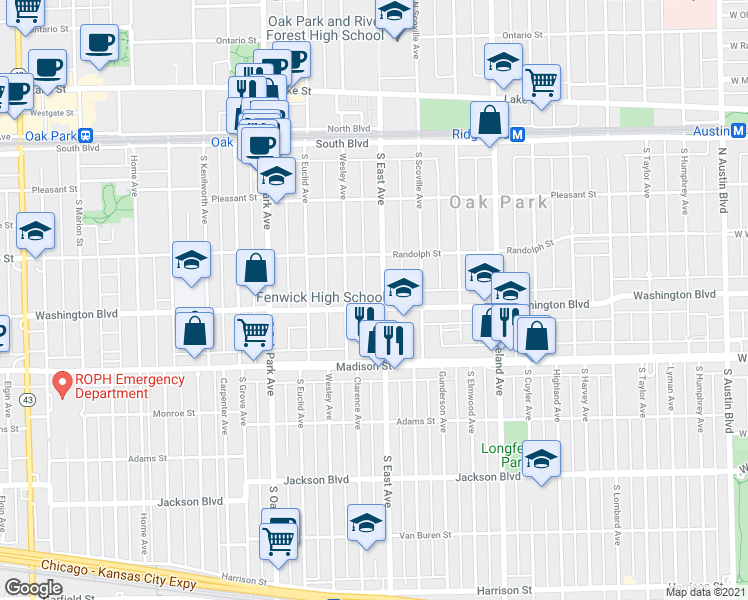 map of restaurants, bars, coffee shops, grocery stores, and more near 615 Washington Boulevard in Oak Park