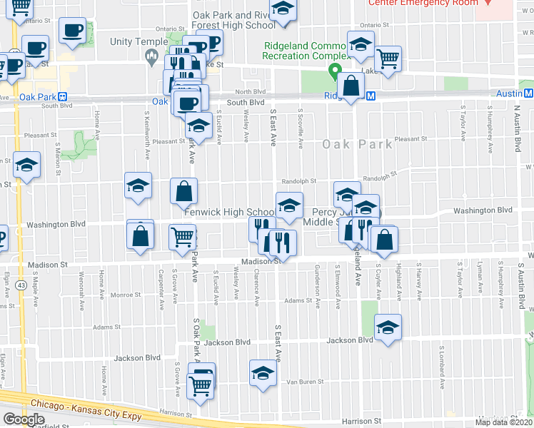 map of restaurants, bars, coffee shops, grocery stores, and more near 615 Washington Boulevard in Oak Park