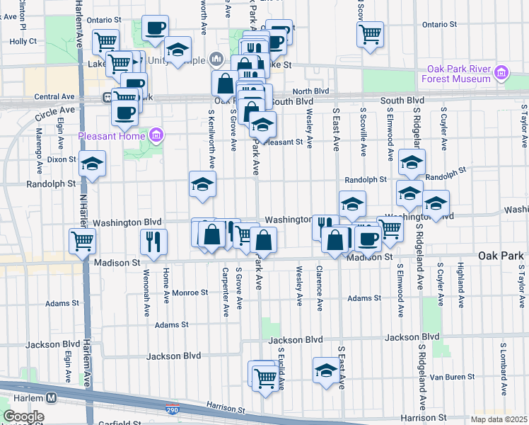 map of restaurants, bars, coffee shops, grocery stores, and more near 715 Washington Boulevard in Oak Park