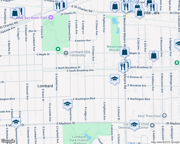map of restaurants, bars, coffee shops, grocery stores, and more near 704 Division Street in Lombard