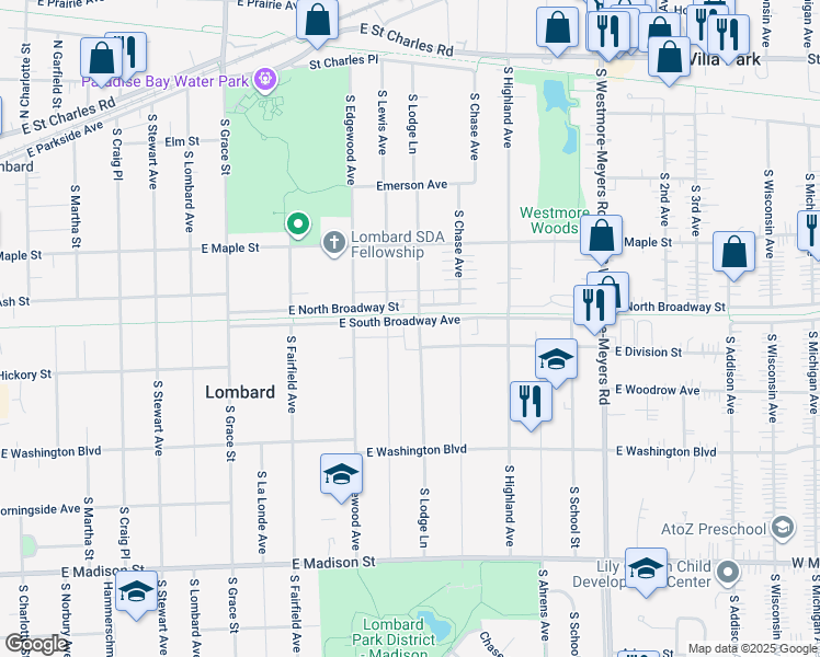 map of restaurants, bars, coffee shops, grocery stores, and more near 704 Division Street in Lombard