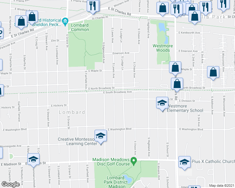 map of restaurants, bars, coffee shops, grocery stores, and more near 317 South Lewis Avenue in Lombard