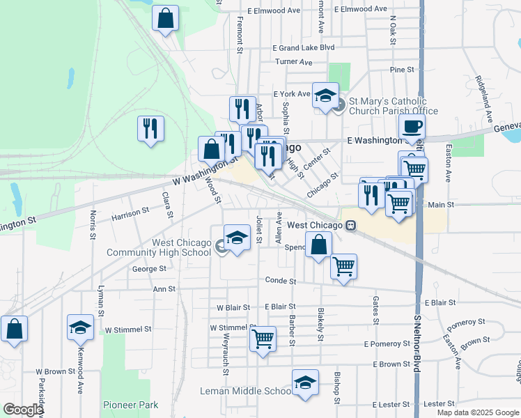 map of restaurants, bars, coffee shops, grocery stores, and more near 210 Joliet Street in West Chicago
