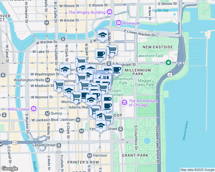 map of restaurants, bars, coffee shops, grocery stores, and more near 8 South Michigan Avenue in Chicago