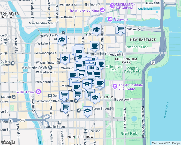 map of restaurants, bars, coffee shops, grocery stores, and more near 2 North Wabash Avenue in Chicago