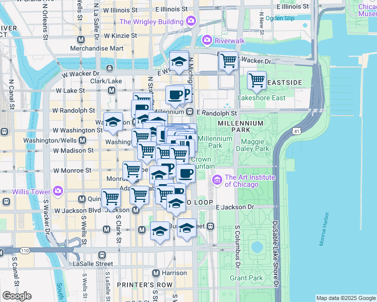 map of restaurants, bars, coffee shops, grocery stores, and more near 8 South Michigan Avenue in Chicago