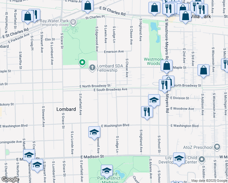 map of restaurants, bars, coffee shops, grocery stores, and more near 647 East South Broadway Avenue in Lombard