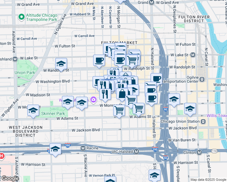 map of restaurants, bars, coffee shops, grocery stores, and more near 1015 West Madison Street in Chicago