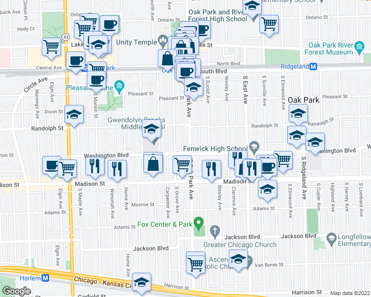 map of restaurants, bars, coffee shops, grocery stores, and more near 800 Washington Boulevard in Oak Park