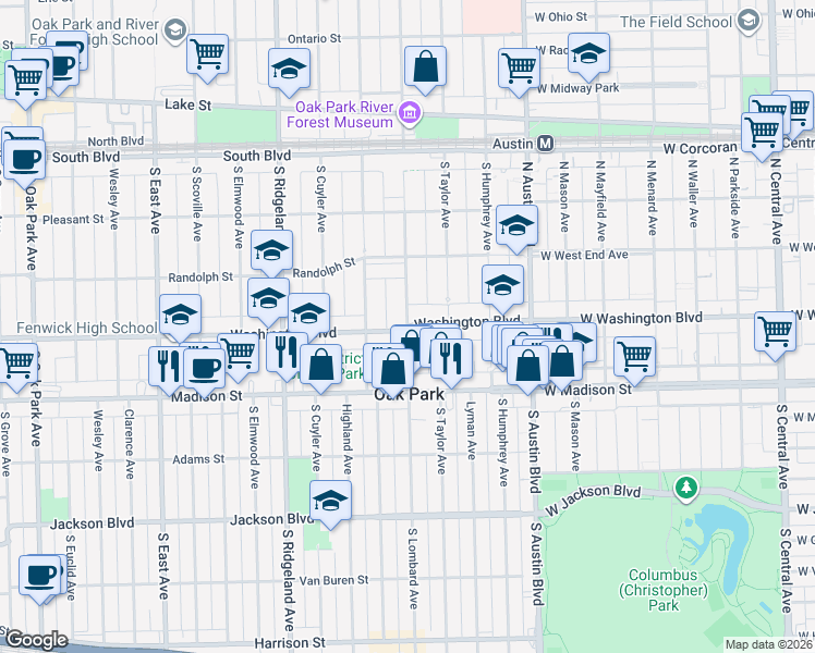 map of restaurants, bars, coffee shops, grocery stores, and more near Washington Blvd & S Lombard Ave in Oak Park