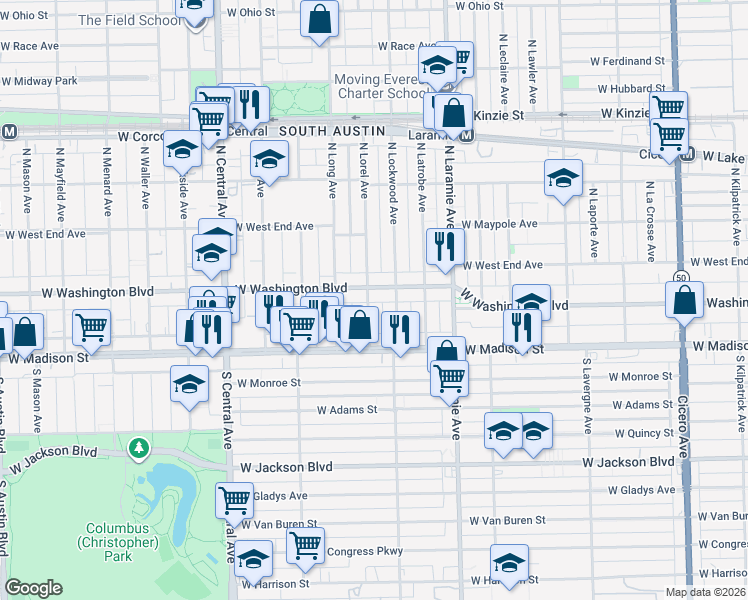 map of restaurants, bars, coffee shops, grocery stores, and more near 51 North Lorel Avenue in Chicago