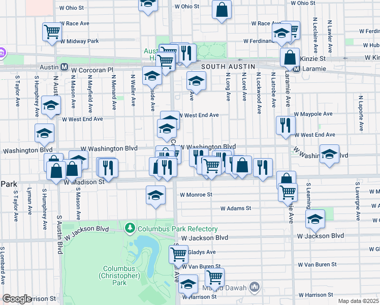 map of restaurants, bars, coffee shops, grocery stores, and more near 5501 West Washington Boulevard in Chicago