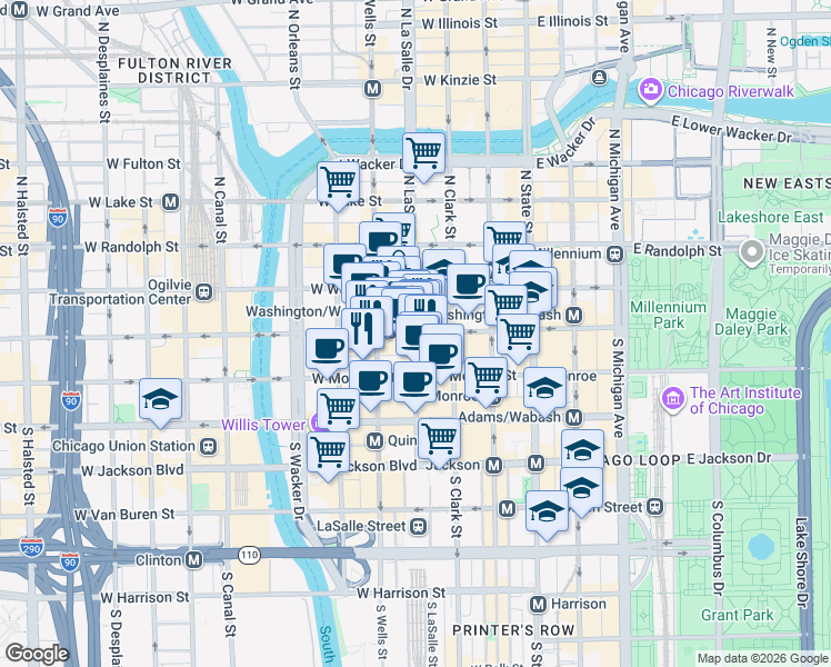 map of restaurants, bars, coffee shops, grocery stores, and more near 1 South LaSalle Street in Chicago