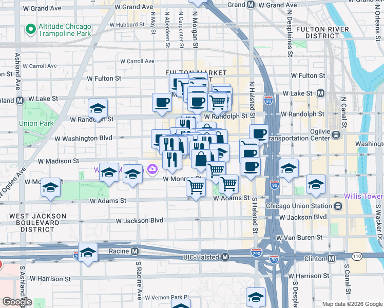map of restaurants, bars, coffee shops, grocery stores, and more near 1006 West Madison Street in Chicago