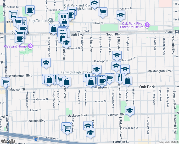 map of restaurants, bars, coffee shops, grocery stores, and more near 615 Washington Boulevard in Oak Park