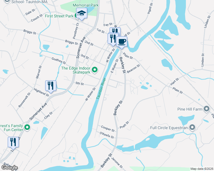 map of restaurants, bars, coffee shops, grocery stores, and more near 77 East Water Street in Taunton