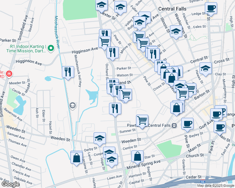 map of restaurants, bars, coffee shops, grocery stores, and more near 465 Lonsdale Avenue in Pawtucket